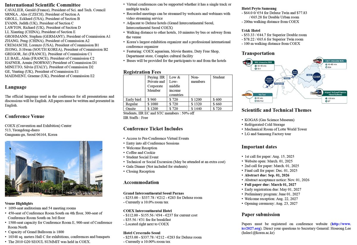 InstituteofRef's tweet photo. The IIR would like to hear from anyone interested in presenting a scientific paper on refrigeration at their 27th International Congress of Refrigeration in Korea in August 2027.

Full details are available on the IIR website https://t.co/i6tv7p7DlZ and on the attached flyer. https://t.co/2ncOruMdVq