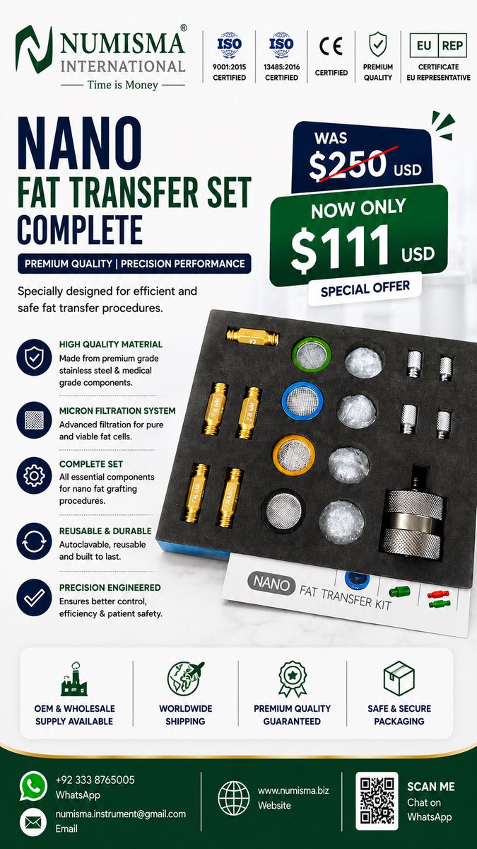 numismainst's tweet photo. Nano Fat Transfer Set — Complete

Premium-quality components for fat transfer procedures
Complete set 
Special Price: $111 USD

#NanoFatTransfer #FatTransferSet #PlasticSurgeryInstruments #SurgicalInstruments #MedicalInstruments https://t.co/aK62a351jP
