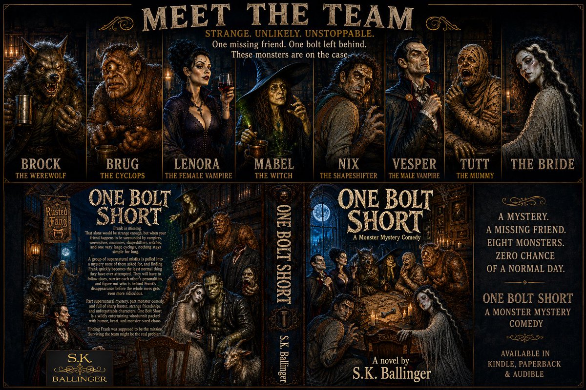 SinyGuy's tweet photo. Frank is missing—and the only clue is one lonely neck bolt. Now a foul-mouthed crew of vampires, werewolves, witches, mummies, shapeshifters, and one surprisingly heroic finger must uncover what happened before Hollowick’s darkest secrets claim their friend forever.Monsters. Mystery. Mayhem. One completely unqualified rescue team. Discover One Bolt Short: A Monster Mystery Comedy by S.K. Ballinger: https://t.co/WBxqIT3e6y