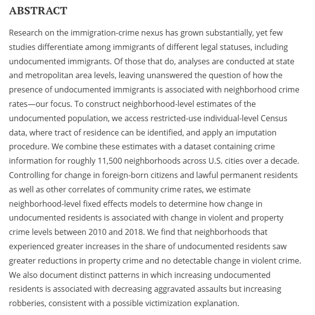 ReichlinMelnick's tweet photo. NEW: A study published by @UCIrvine yesterday analyzed 11,500 neighborhoods between 2010 and 2018 and conclusively determined that there is NO LINK between undocumented immigrants and crime.

As the number of undocumented immigrants grew, there was no spike in crime at all. https://t.co/hscEcNhB9f