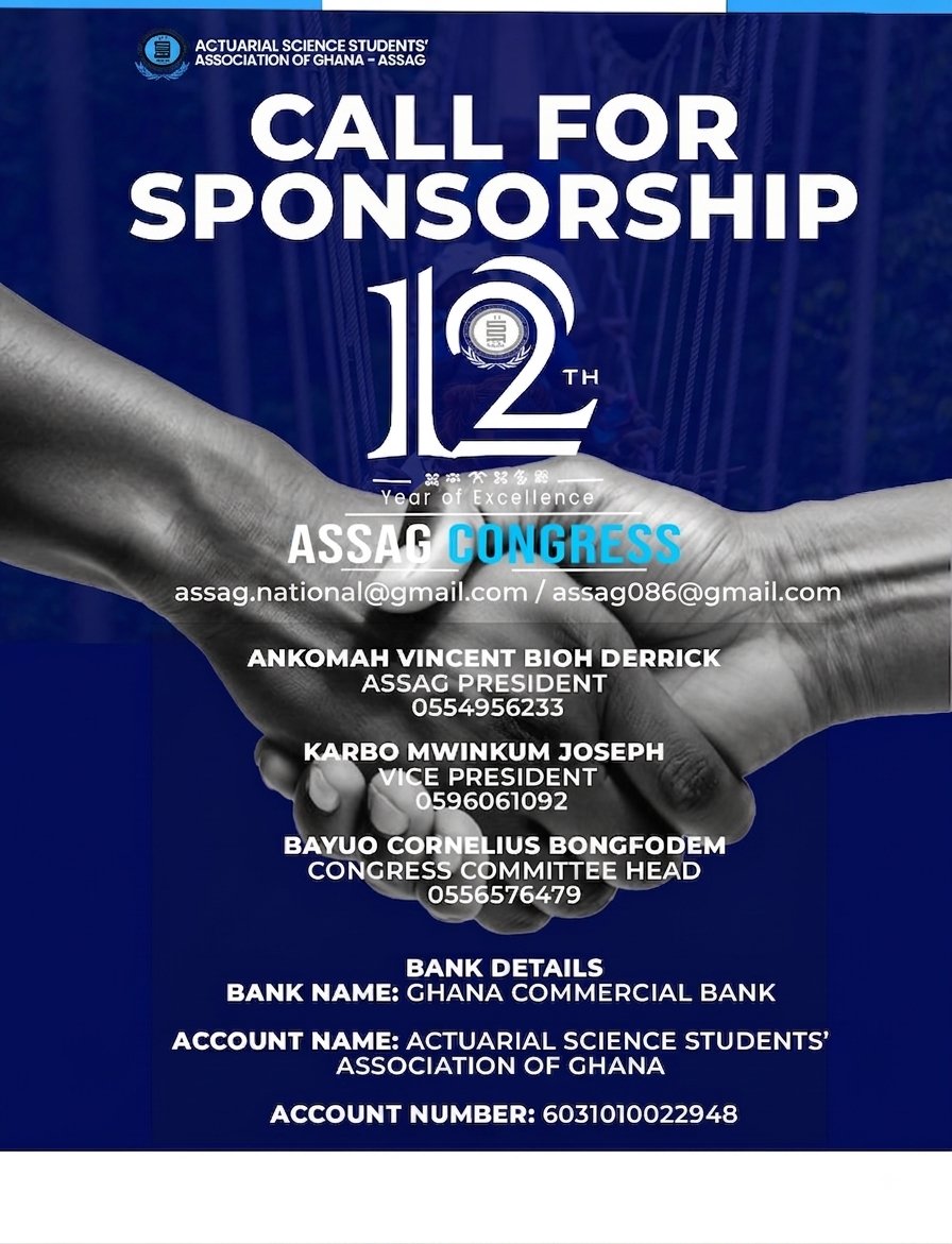 actuarialghana's tweet photo. 🤝🔵 𝗔𝗦𝗦𝗔𝗚 𝗡𝗔𝗧𝗜𝗢𝗡𝗔𝗟 𝗖𝗢𝗡𝗚𝗥𝗘𝗦𝗦 𝟮𝟬𝟮𝟲 — 𝗖𝗔𝗟𝗟 𝗙𝗢𝗥 𝗦𝗣𝗢𝗡𝗦𝗢𝗥𝗦𝗛𝗜𝗣 
@ssnit_gh @EnterpriseInsGH @tv3_ghana @nic_ghana @NPRAGhana https://t.co/vHi6bTpQKJ