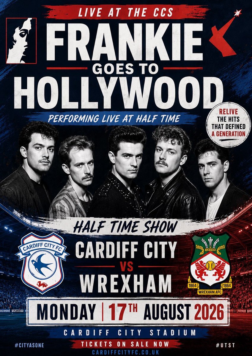 RichardMarks74's tweet photo. Due to the success of the half-time entertainment at the World Cup final, we are delighted to announce we will be welcoming ‘Frankie Goes To Hollywood’ to perform at the CCS during half-time of Monday’s opening Championship fixture against Wrexham #CityAsOne https://t.co/271xUFpb4b