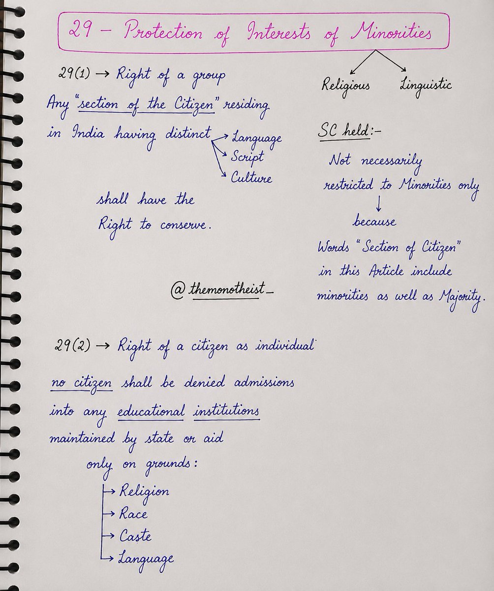 themonotheist_'s tweet photo. Article – 29
Kya kisi citizen ko Religion, Race, Caste ya Language ke basis par educational institution mein admission deny kiya ja sakta hai!?👀
#handwrittennotes #originalcontent
#indianpolity #prelims2027 https://t.co/MlTV34tddX