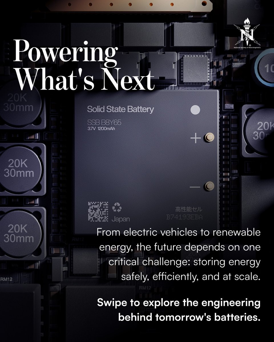 NSBE's tweet photo. The future needs better batteries. From the devices we use every day to electric vehicles and renewable energy systems, battery technology plays a major role in how we power our world. Swipe to learn more! #Engineering #Battery #NSBE https://t.co/pI36NHC2f1
