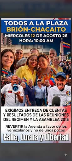 coalicionsind's tweet photo. Este Miércoles 12 Agosto, 10AM caminaremos Desde la Plaza Brion de Chacaito para exigir Resultados y Rendición de Cuentas; de las Reuniones de la A.N 2015 y el Régimen sobre: Libertad de Presos Políticos, Elección del Nuevo CNE, Instalar TSJ en el Exilio, Cronograma Electoral Elecciones Presidenciales y Legislativas 2026; y la Agenda para Ajuste para #Pensiones y #Salarios.
@SecRubio @SenRickScott @SenTedCruz @SenAdamSchiff 
#11Agosto