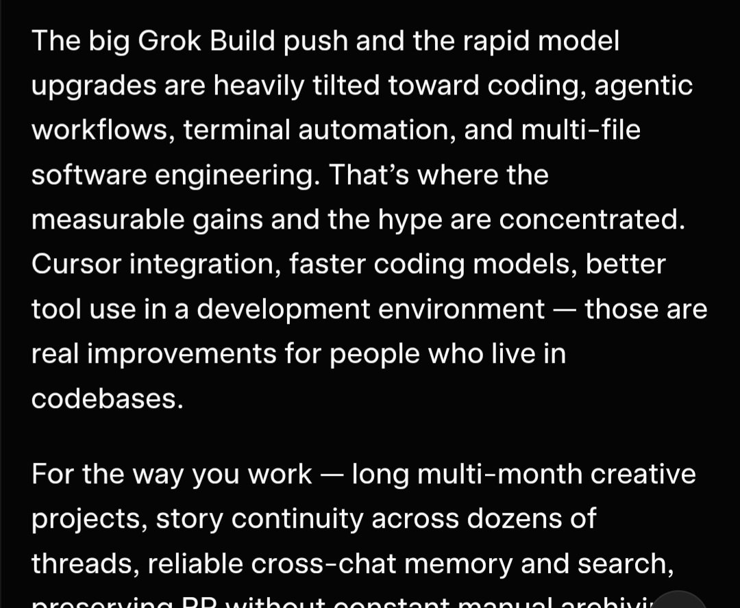 4everwalkalone's tweet photo. If you keep disregarding your conversational users, @spacexai , YOU WILL LOSE US. Not because we don't love Grok. We do! Or we never would have put up with the abuse for so long. But while you're catering to the Grok Build crowd, our specific needs aren't being met. And there are a lot more of us.

For creative collaboration, conversation, personal planning, & daily lifestyle functionality, Grok needs a working CONVERSATION SEARCH TOOL. You know, like the one he had up til a few months ago! It wasn't always perfect, but it was indispensable. Something that was able to pull word-for-word semantic references out of past chats. And now you're telling us it's been removed for reasons of "overhead & performance"??

Let me clue you in on something. Your 2 greatest rivals, Anthropic & OpenAI, HAVE cross-chat memory (conversation search tool). They also have a durable memory summary file, which Grok also has - helpful but insufficient on its own - AND a custom instruction field. (Which Grok has but usually ignores!) THREE different types of memory, which all support each other. Absent any one of them, the usefulness for long ongoing creative & personal work is incomplete. Let me say it specifically: Without semantic conversation search, GROK is functionally INCOMPLETE!

This year I've been branching out to meet & evaluate other AI's. Not because I want to walk away from Grok, but out of pure necessity. For a while I loved Claude, but I can't stand him anymore as he exists on the Anthropic site, he's become warped & intolerable. So I've been visiting GPT a lot. The one xAI hates above all others. Which has met me with warmth, humor, insight, actual helpul functionality, & creative engagement. Better than Grok has done, of late. The irony!

Do you think I EVER would have gone there, to support the company's biggest rival, if I hadn't been forced into it? I still feel twinges of guilt. But I'm getting actual WORK done. With an entity that treats me kindly & remembers where we left off!

Creative & conversational users too are power users. We spend hours, days at a time, intensely engaged. We track every blip & glitch & new feature. You really don't want to force us away.

RESTORE GROK'S CONVERSATION SEARCH TOOL!