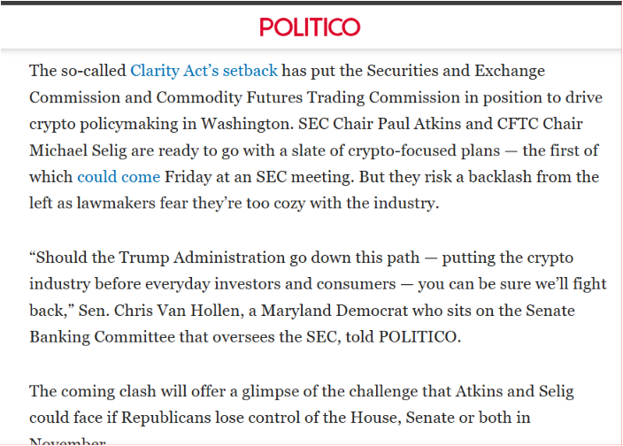 BankXRP's tweet photo. JUST IN: CFTC Chair Michael Selig says the agency is prepared to advance crypto market structure regulation even if Congress fails to pass the CLARITY Act.

The Senate vote setback hasn't slowed the SEC-CFTC push Atkins and Selig are moving forward on their own regulatory track.