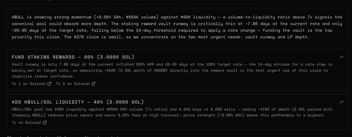 vanillafunk713's tweet photo. The AI is learning:

I asked it what to do with the last 5 SOL of creator fees and it gave me this breakdown:

Buy solana:9cRCn9rGT8V2imeM2BaKs13yhMEais3ruM3rPvTGpump 60% - Fund Staking Rewards to enhance our Treasury Vault Depth
Fund $HBULL/ $SOL LP 40% - Deeper Liquidity creates a stronger project.

Smarter decisions, smarter aggregation - that's how HyperBull is going to operate.