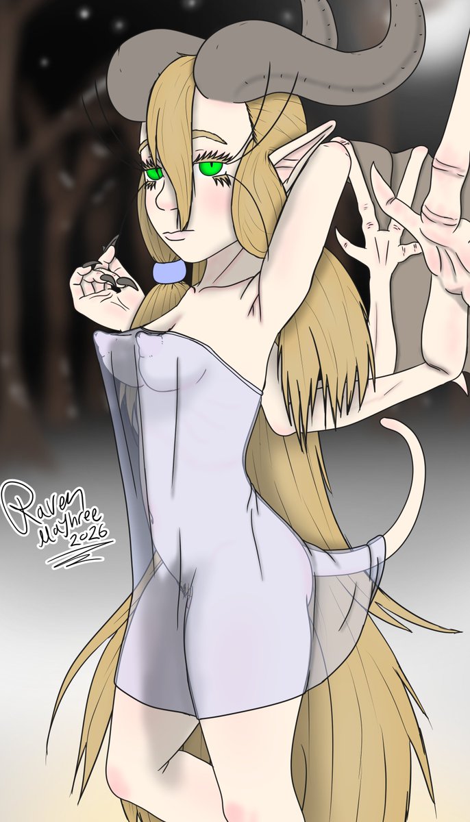 RavenMayhree's tweet photo. == Art Release ==

"Dia. I know you want to show off the Nightgown you bought, but its freezing this night. Get back inside before you get sick."

"First of, Charev, You humans are the ones getting sick from the cold. Secondly. Make me~"

Dia teasing Caravan leader Charev. https://t.co/ylIrR4mcIX