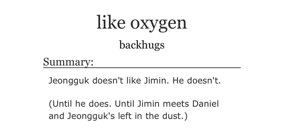 minkookuniverse's tweet photo. Jikook fic reco:

like oxygen
by backhugs

• one-shot
• friends to fwb to lovers
• temporary unrequited
• jealous jk x oblivious jm 
• angst with happy ending

https://t.co/2kSjUBUBjg

#jikook #jikookau https://t.co/VVGgphmG8R