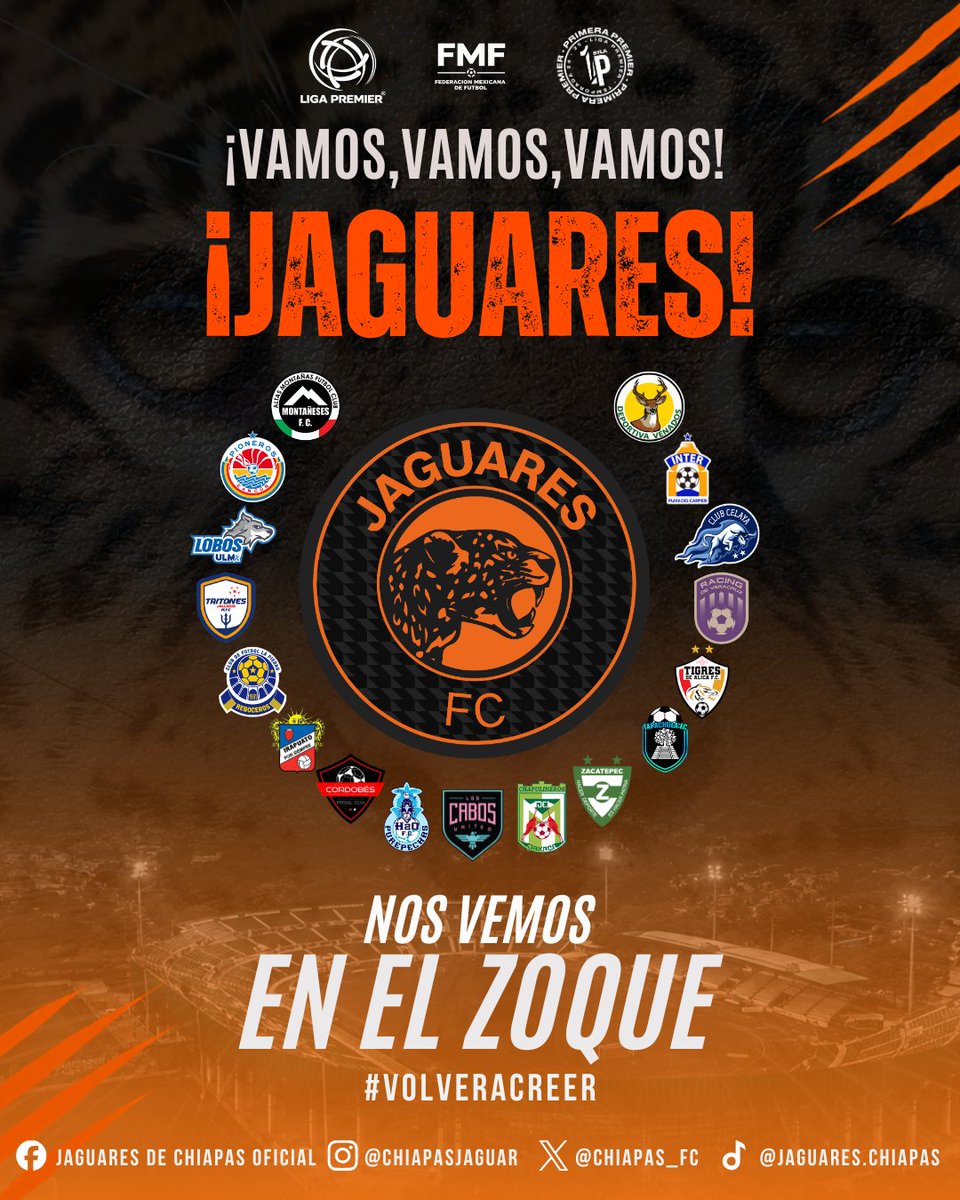 Chiapas_FC's tweet photo. 🐆 Esta temporada, Jaguares FC será parte de la Primera Premier, donde nos esperan nuevos retos y también varios rivales conocidos. 👀⚽
¡Nos vemos en el Zoque! 🏟️🐆
Es momento de #VolverACreer.
#SomosJaguares #JaguaresFC #PrimeraPremier https://t.co/sqww5V7M3X