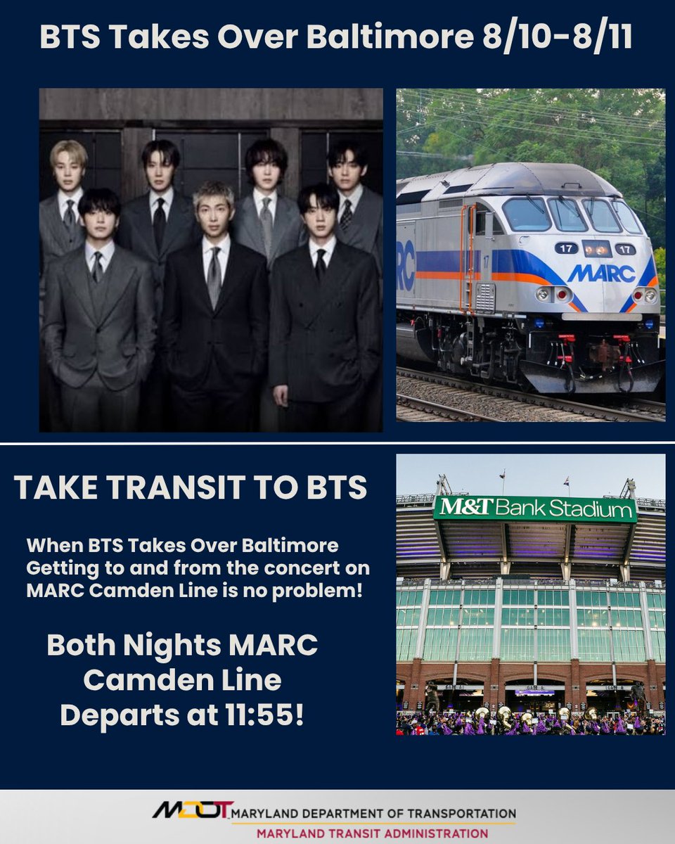 mtamaryland's tweet photo. Heading to the BTS concert at M&T Bank Stadium? Take transit! Last train north will be at 12:30 a.m.; the last train south will be at 11:55 pm. Penn Station connector stops running at 9 pm. For complete details, visit https://t.co/kWnzwNPQ6L. 

Reminder: Express Shuttle Buses begin running at 5pm from Glen Burnie/Cromwell and Timonium Fairgrounds, directly to Camden Station. Return Shuttles board at Convention Center Light Rail stop. 

Download CharmPass to buy fares: 
https://t.co/KobanLWRvK
Track live arrivals on the Transit app: 
https://t.co/Xp3mpyfES1