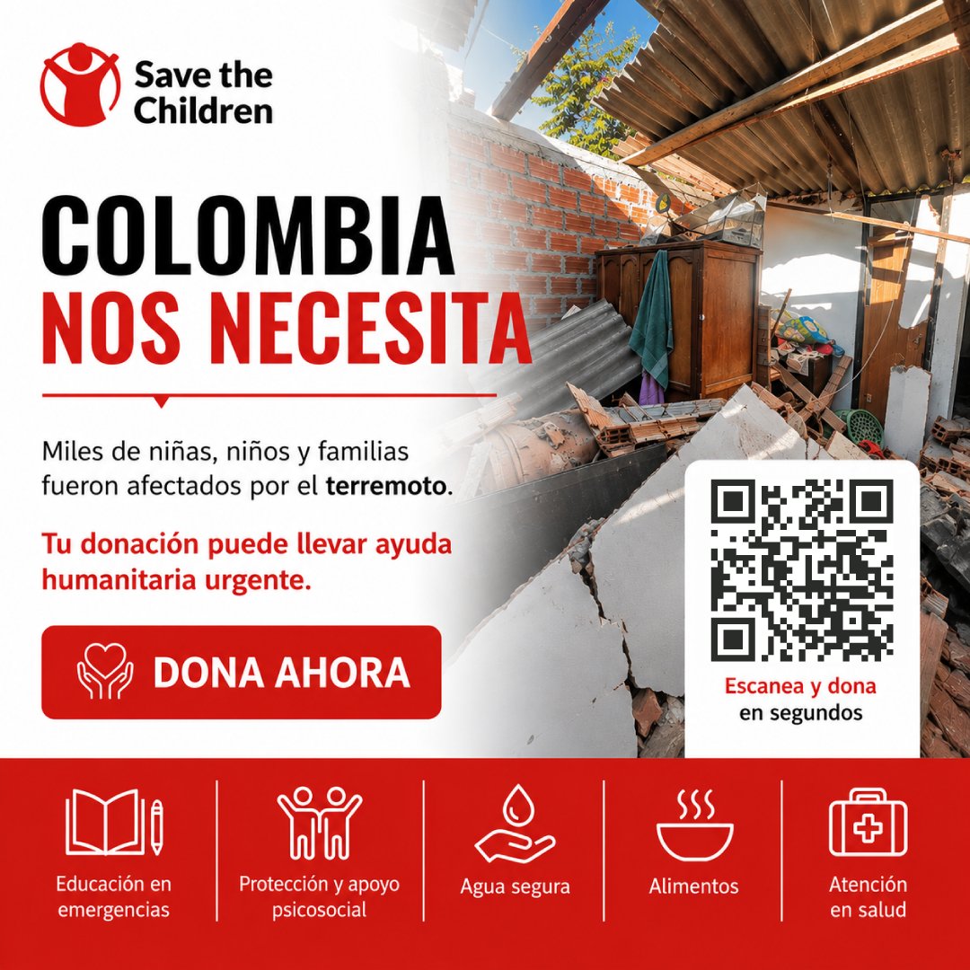 savechcolombia's tweet photo. 🚨 Tras el sismo en Colombia, miles de niñas, niños y familias necesitan apoyo urgente. Save the Children se prepara para responder donde más se necesita.

Cada aporte cuenta. ¡Dona hoy! https://t.co/24N0kqS7Sh https://t.co/6TJe3XZWdH