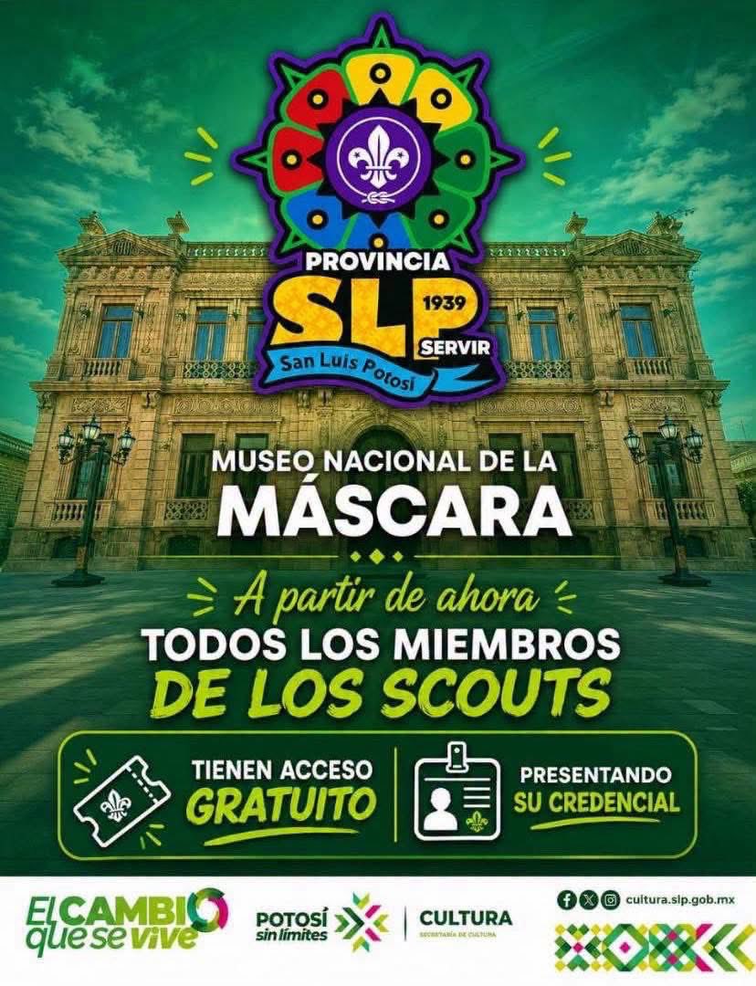IMEIOficialSLP's tweet photo. ⚜️¡Atención, Scouts! ¡Tenemos una excelente noticia para toda la hermandad! 
¡Así es! TODOS los miembros de los Scouts tienen ACCESO GRATUITO al Museo Nacional de la Máscara. ¡Prepara tu próxima excursión, junta a tu sección, a tu grupo y/o patrulla.
@RGC_Mx https://t.co/HMC3sfwFBf