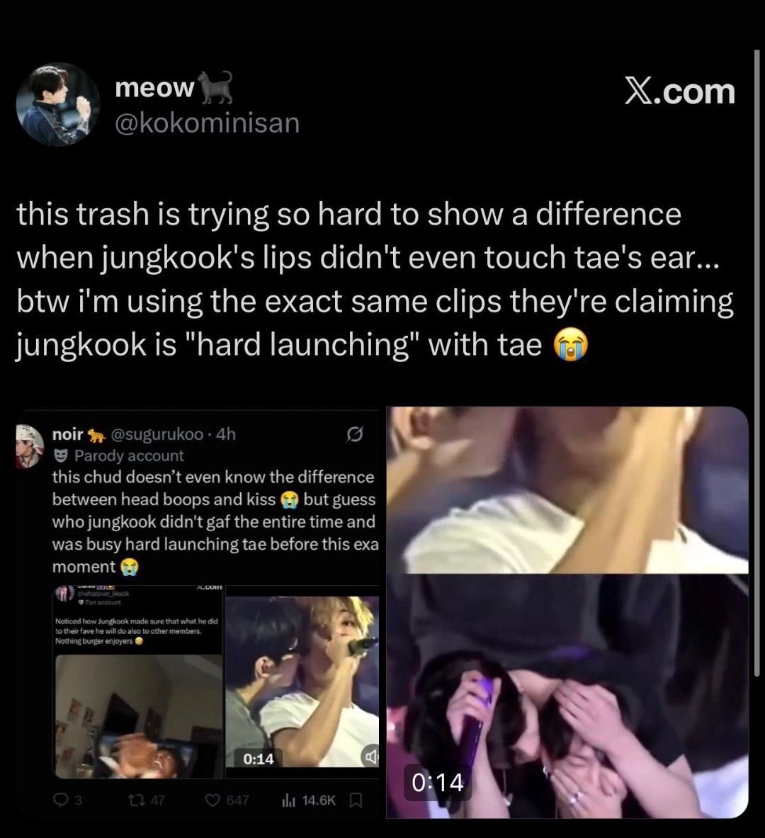 snowflake_tk's tweet photo. if his lips didn’t touch, why were they in a pout shape? if his lips didn’t touch, why is your breed throwing up over it? if not, why did tae have to turn his head away all flustered? if not, why did jk mimic a kiss later? if not, you mfs would stfu instead of howling like dogs. https://t.co/Q4DRL4j05v