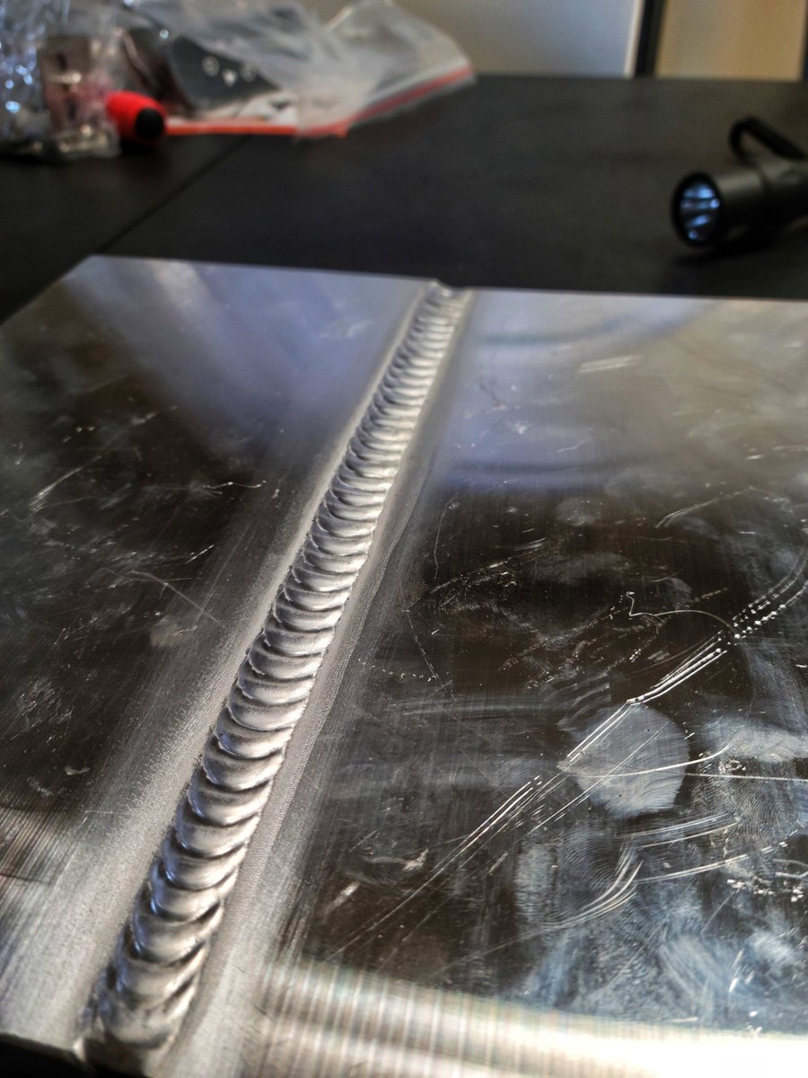 BlakeaMouser's tweet photo. Haven't welded professionally in a few years. Starting a manufacturing company has me getting recertified in everything. Forgot how fun it was.

Posting my progression. 6061 aluminum TIG. Root and cap pass on 1/4inch plate. https://t.co/NLOVr17VzM