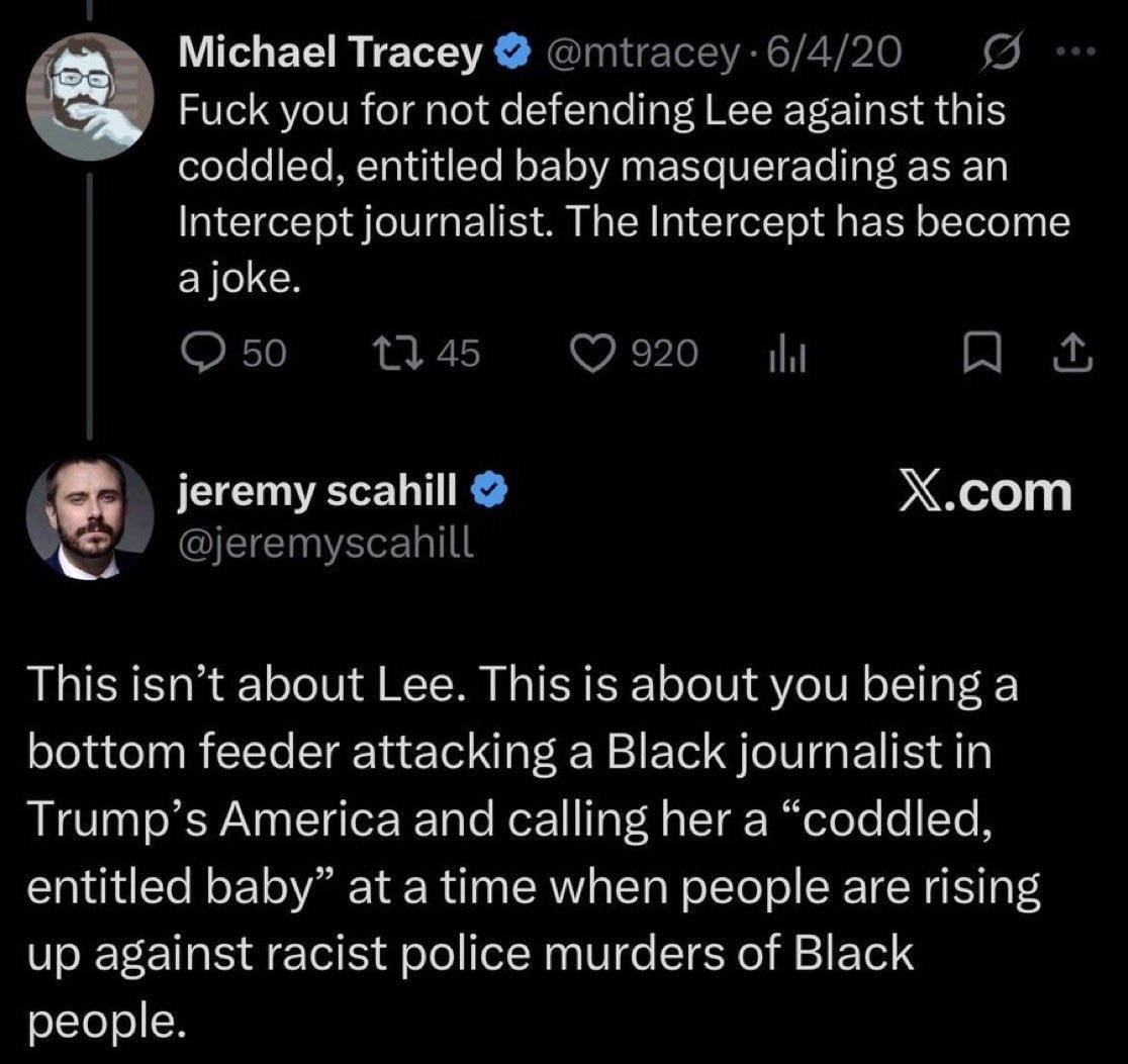 lhfang's tweet photo. Also very funny to see how Jeremy Scahill described Akela -- a prep and private school educated activist who violently melts down at the smallest hint of political disagreement. For Jeremy, she is the true victim because of her race and gender. https://t.co/i3ihxOY9Hm