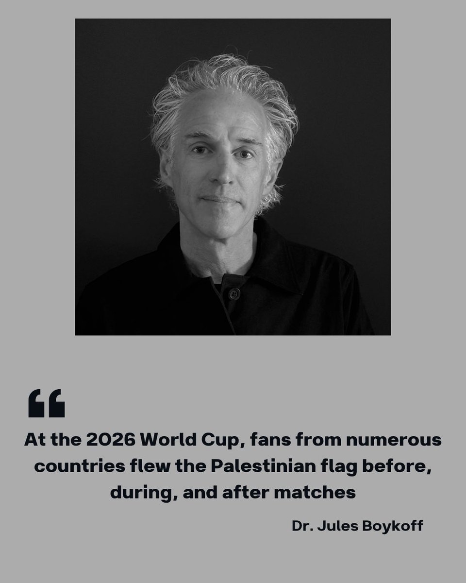 WorldCupScholar's tweet photo. Dr. Jules Boykoff on how flags, chants and one coach's postgame remarks turned stadiums into sites of solidarity, and why FIFA's response fell short.

Read more: https://t.co/IPto2sRGUw

#WorldCup2026 #FIFAWorldCup #FIFA2026 #FIFA #Soccer https://t.co/mGblfrIkWS