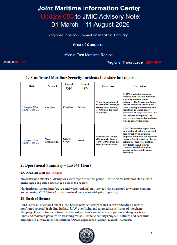 UK_MTO's tweet photo. JMIC Advisory Note 083-26   

Released by UKMTO on behalf of the Joint Maritime Information Centre

Click here to view the full advisory note⤵️

https://t.co/YTx66RwL8z

#MaritimeSecurity #MarSec https://t.co/UIu8uZzxyP