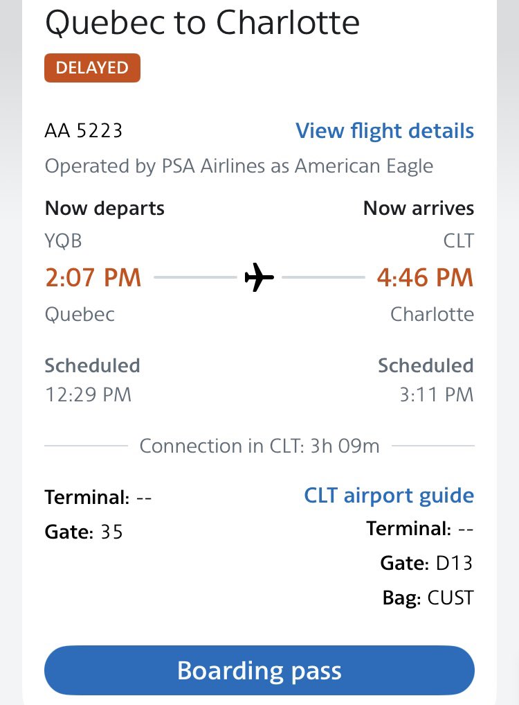 SweetAsh1223's tweet photo. @AmericanAir flight 5223 departed YQB at 12:37, scheduled to land in CLT at 3:16. What is this? Please get fixed and undo errant rebookings https://t.co/5bYZc4TX9B