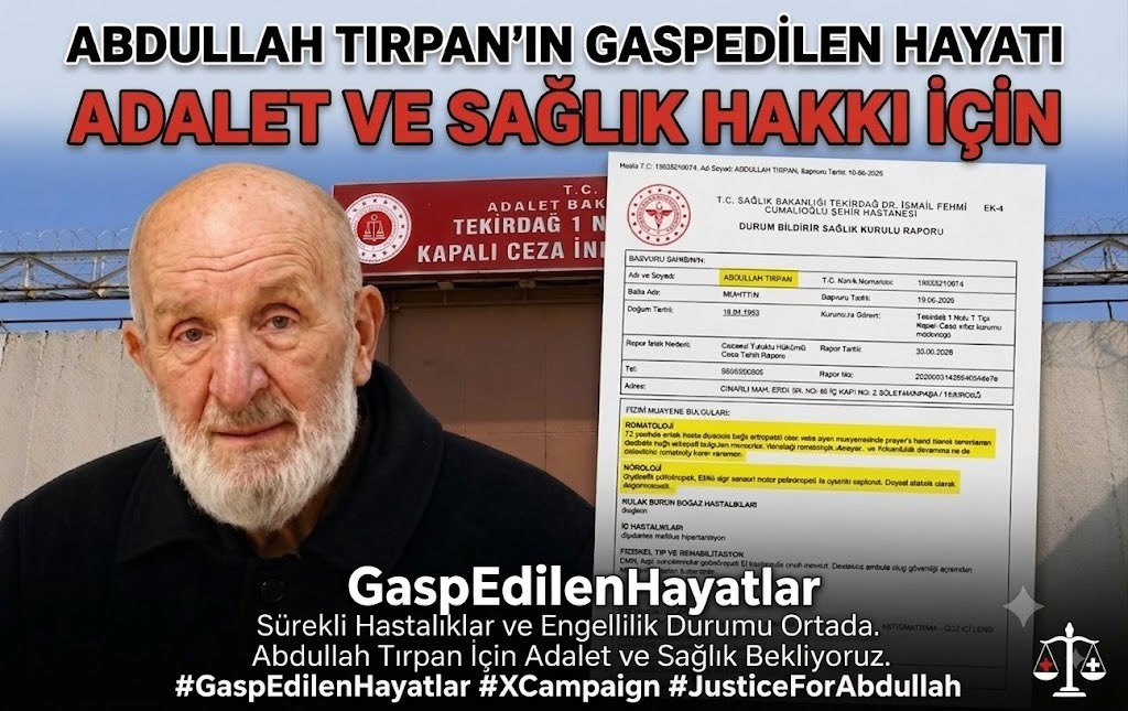 naftalanjaa's tweet photo. Abdullah Tırpan’ın hastalıkları ilerliyor, yaşı ilerliyor, yaşam gücü tükeniyor. Ancak tahliye talebi hâlâ karşılıksız. 

GaspEdilenHayatlar https://t.co/LYg0LCpgfN