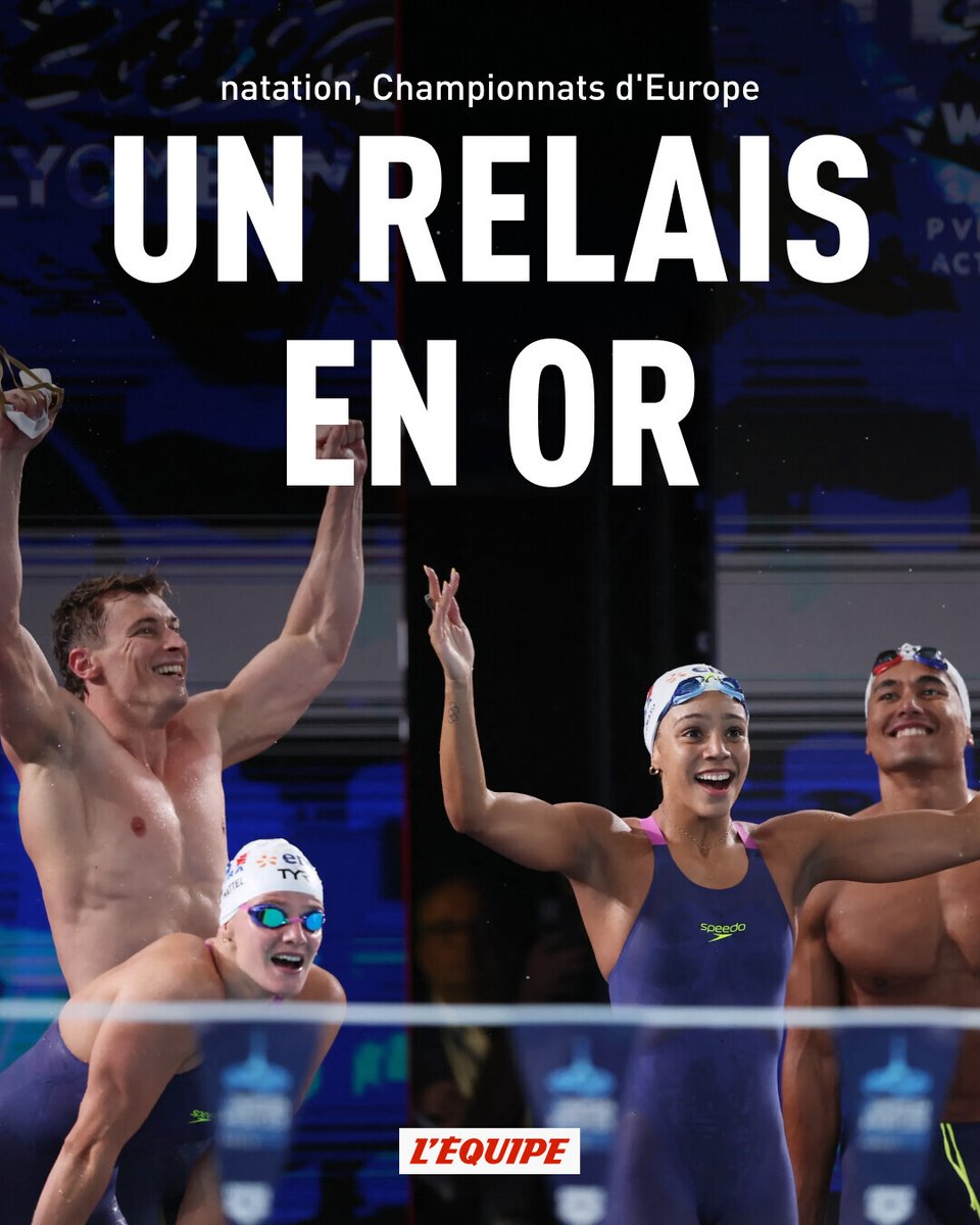 lequipe's tweet photo. Premier sacre pour le clan français : Mary-Ambre Moluh, Carl Aitkaci, Maxime Grousset et Marie Wattel ont décroché l'or sur le 4x100 m 4 nages mixte
➡️ https://t.co/7K0xKG2M5C https://t.co/IJP0P5KOnJ