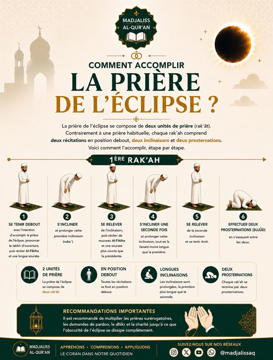MadjalissAQ's tweet photo. La prière de l’éclipse (Salat Al-koussouf)
Lorsque le soleil s’éclipse, le Prophète ﷺ nous a enseigné de nous tourner vers Allah avec la prière, les invocations, le rappel et la demande de pardon. 🤲🏼
Dans cette infographie, retrouve les principales étapes de cette prière. https://t.co/El5bhXkaA6