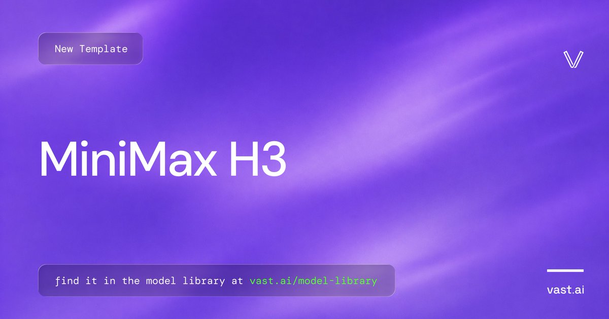 vast_ai's tweet photo. MiniMax H3 Now Available in the Model Library

@MiniMax_AI H3 is an omni-modal generative system from MiniMaxAI that produces video with native stereo audio from text, images, video, and audio inputs. It understands multimodal context as a single unified sequence rather than treating each input type separately, and predicts video and audio latents jointly in one forward pass so speech, sound effects, and music land in sync with the picture.

Learn more about the MiniMax H3 template in the model library: https://t.co/2C9BQu3GFg