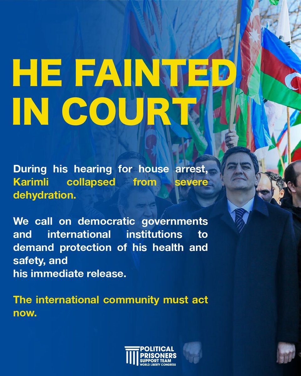 WLCongress's tweet photo. The detention conditions of Azerbaijani opposition leader and WLC member @AliKarimli  are rapidly deteriorating, putting his health and safety at serious risk.

We call on democratic governments and international institutions to act urgently and demand his immediate release.

Swipe to learn more →

#FreeAliKarimli