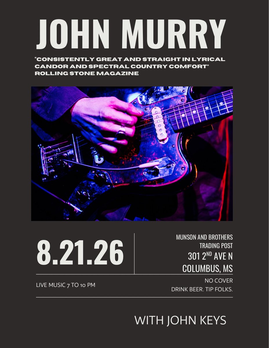 johnmurry's tweet photo. First show in over 2 years…!
@munson_brothers 
Columbus, Mississippi 
Friday, August 21
w/ special guest John Keys
FREE. 7-10PM. https://t.co/BguXvtZHkX