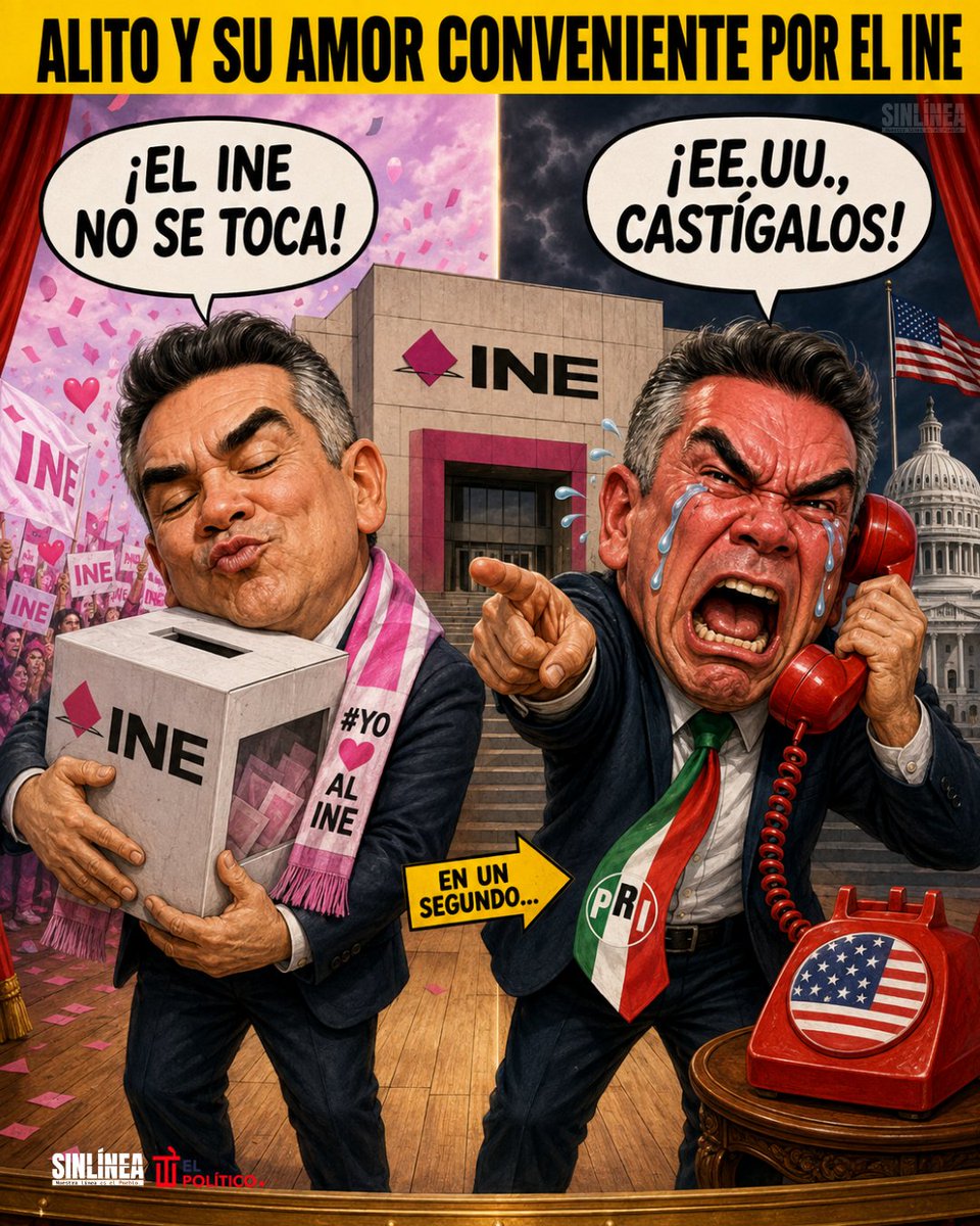SinLinea_Mx's tweet photo. 😂 Cuando el INE le da la razón: “¡EL INE NO SE TOCA!”

Cuando le exige retirar acusaciones sin pruebas: “¡Auxilio, Estados Unidos!” 🇺🇸😭

Alito presume defender la soberanía, pero corre al extranjero para pedir que castiguen a funcionarios mexicanos por aplicar leyes mexicanas. 

Su amor por el INE dura… hasta que una resolución no le favorece. 🤡