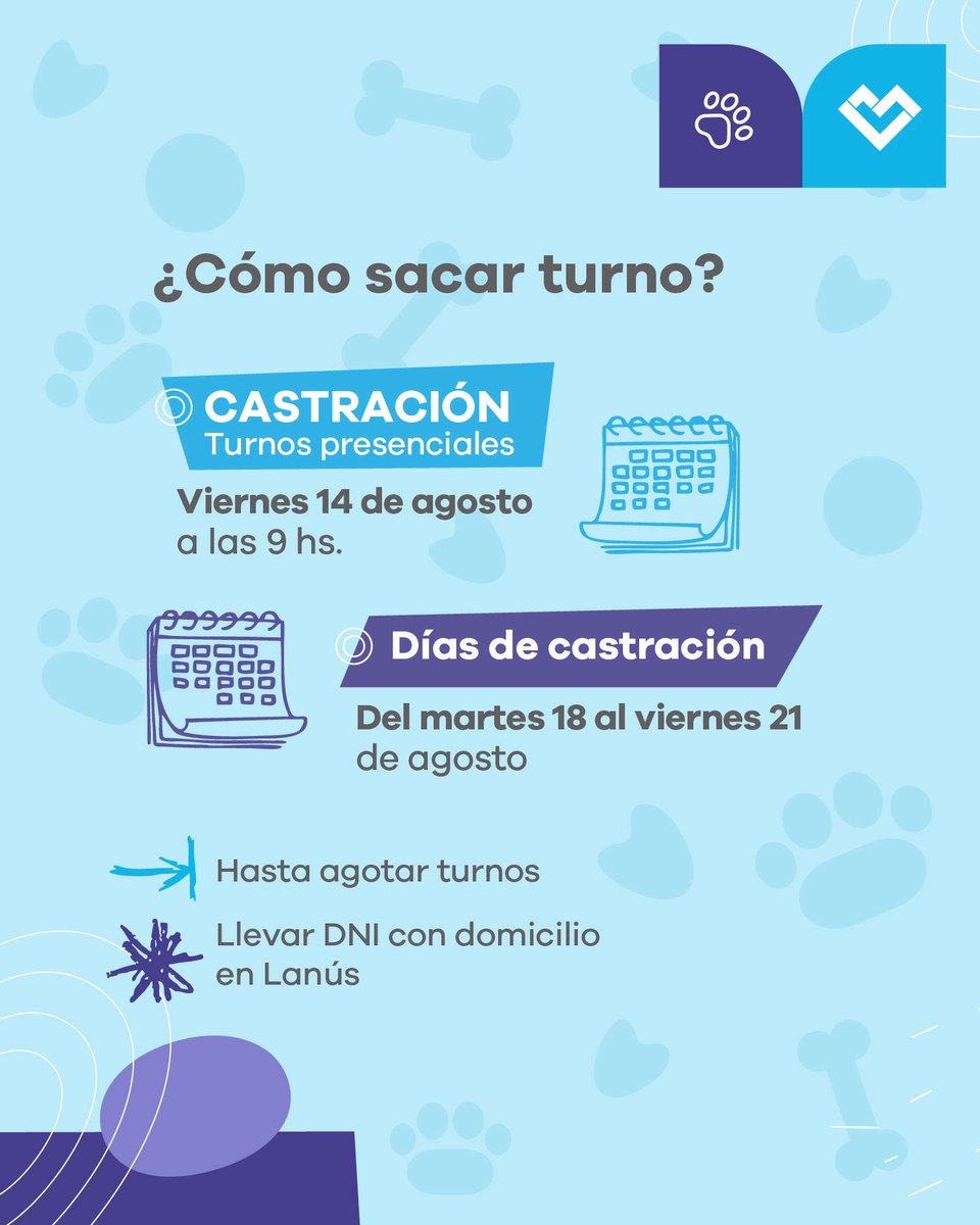 lanusmunicipio's tweet photo. 🐶 QUIRÓFANO MÓVIL 😸

Te esperamos en 📍 Parque Municipal General San Martín (Cnel. Sayos 2302, Valentín Alsina)

✅ El viernes 14 de agosto, desde las 09:00, estaremos entregando turnos para castración de manera presencial hasta agotar cupos.

💉 También vas a poder acercarte con tu mascota de martes a viernes, de 09:00 a 12:00, para recibir su vacuna antirrábica anual.

#LaCiudadQueNosMerecemos 🩵