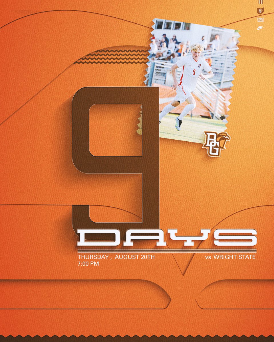 BGSUMSoccer's tweet photo. 𝟵 𝗗𝗔𝗬𝗦 𝗢𝗨𝗧

Tyson McCoy and the rest of the falcons are 9 days out from their home opener!

August 20th vs Wright State at 7pm. Cochrane Stadium

#AyZiggy https://t.co/MmunQ4McST