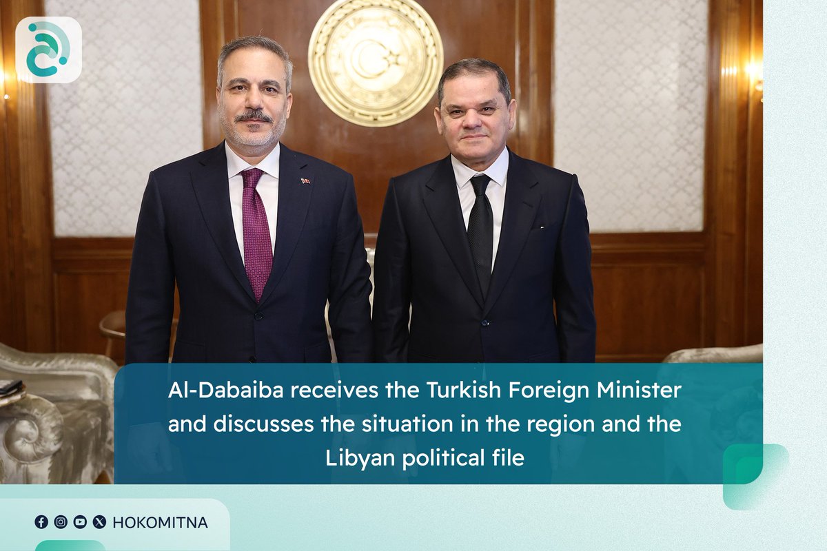 LibyaNews_en's tweet photo. Prime Minister Abdelhamid Al-Dabaiba receives Turkish Foreign minister Hakan Fidan as part of ongoing consultations and coordination between the two countries on a number of issues of mutual interests https://t.co/QMs5kG0F7n
