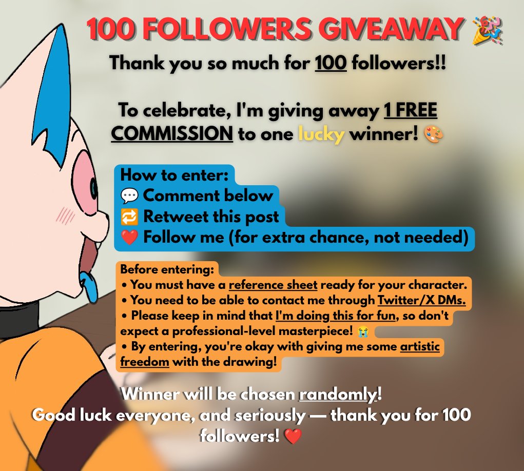 pushyourtemperr's tweet photo. 🎉🎉🎉 100 FOLLOWERS GIVEAWAY 🎉🎉🎉
Thank you for clicking the button on my profile!!!
I'd like to thank you by drawing something for YOU this time. 
If intrested, proceed accordingly. ;3
⚠️[THE WINNER WILL BE PICKED IN 2 WEEKS!!]⚠️
Thanks again!!!!!!!
#furry #furryart https://t.co/J3tkUsxHjM