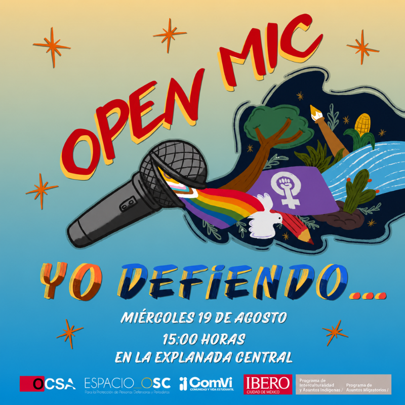 EspacioOsc's tweet photo. 📢 Este 19 de agosto

Acompáñanos a la presentación de la campaña #ProtegerLaDignidad y al Open Mic “Yo defiendo…”, junto a personas defensoras de #DDHH, periodistas y estudiantes de @IBERO_mx.

⏰ 15:00 h
📍 Explanada General, IBERO Prol. P.º de la Reforma, Santa Fe #CDMX. https://t.co/MIqRwhpzNV
