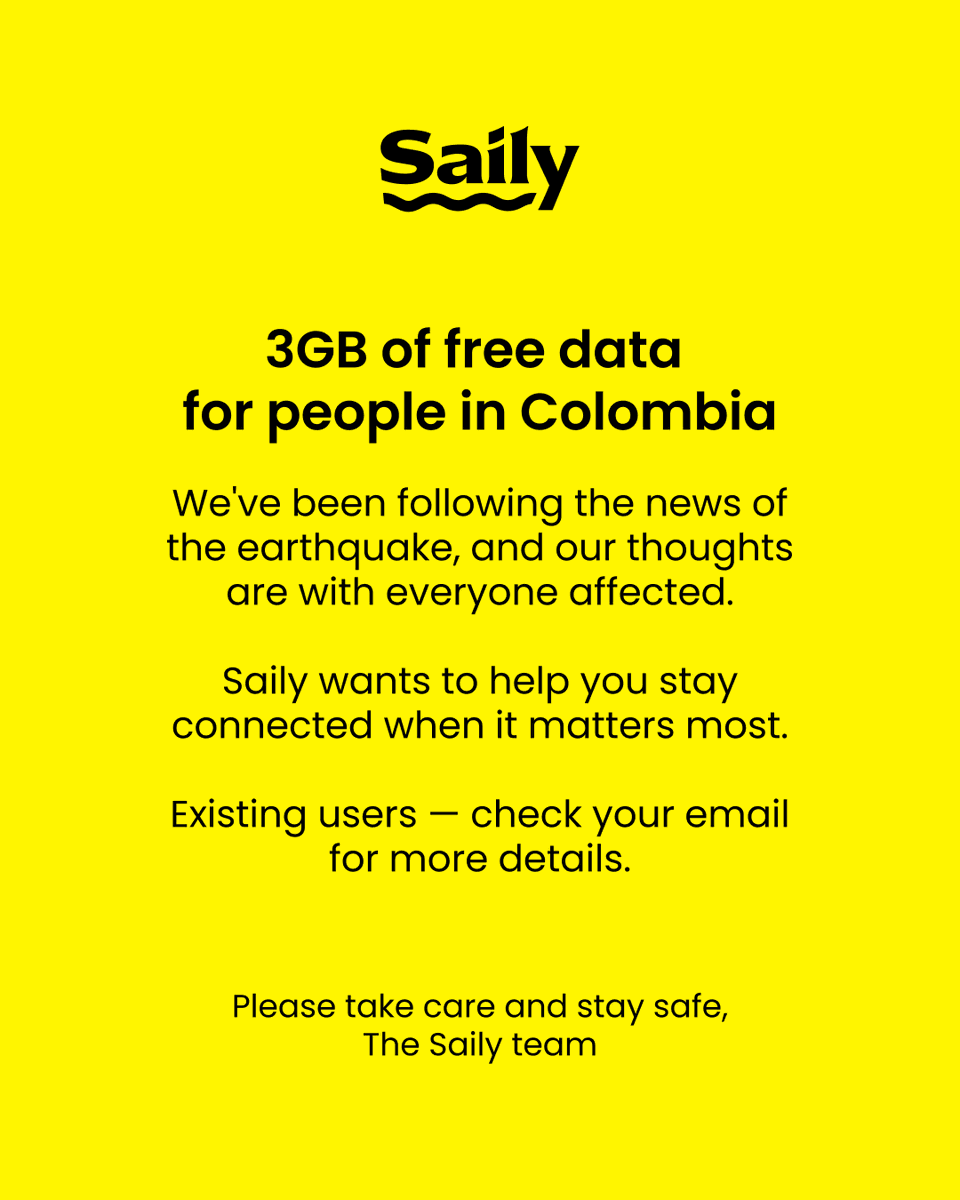 NordNewsroom's tweet photo. Hola a toda la gente de #Colombia. Nuestros pensamientos están con todos los afectados por el #terremoto. Una conexión confiable es más importante que nunca. Por eso, @sailyworld regala 3GB de datos gratis a sus usuarios actuales en el país. Cuídense mucho ❤️ #earthquake https://t.co/tSiH2IQd3E