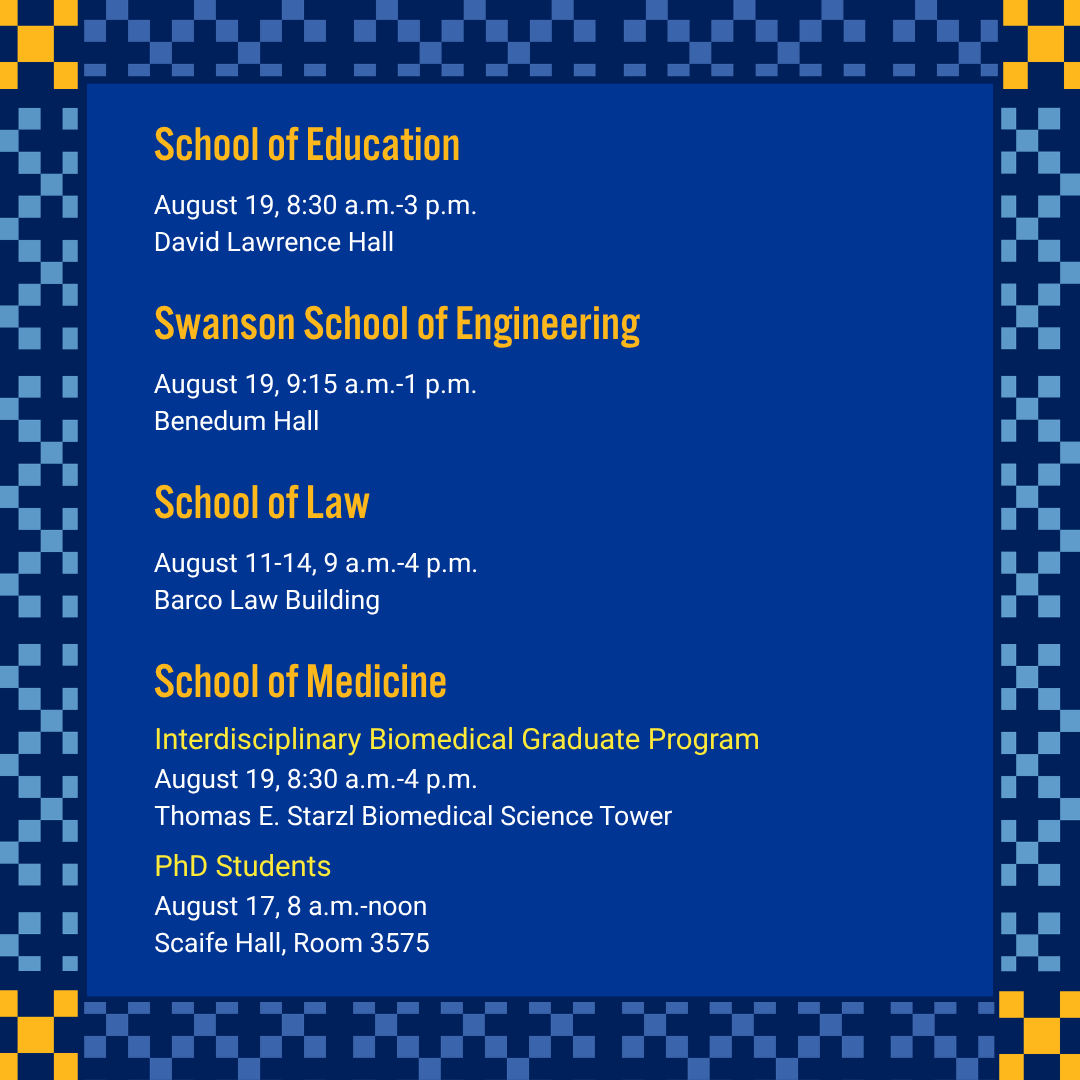 PittGradStudies's tweet photo. In addition to the University-wide Orientation, your school will be hosting its own orientation events. Make sure to check for the date and location to learn more about your academic program.

Find the full schedule: https://t.co/hET8Z3j32F https://t.co/tyURmJJMjN