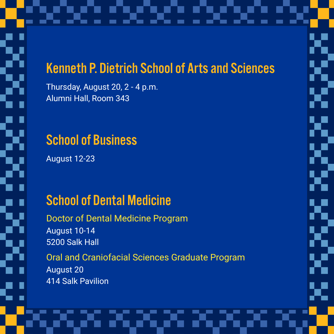 PittGradStudies's tweet photo. In addition to the University-wide Orientation, your school will be hosting its own orientation events. Make sure to check for the date and location to learn more about your academic program.

Find the full schedule: https://t.co/hET8Z3j32F https://t.co/tyURmJJMjN