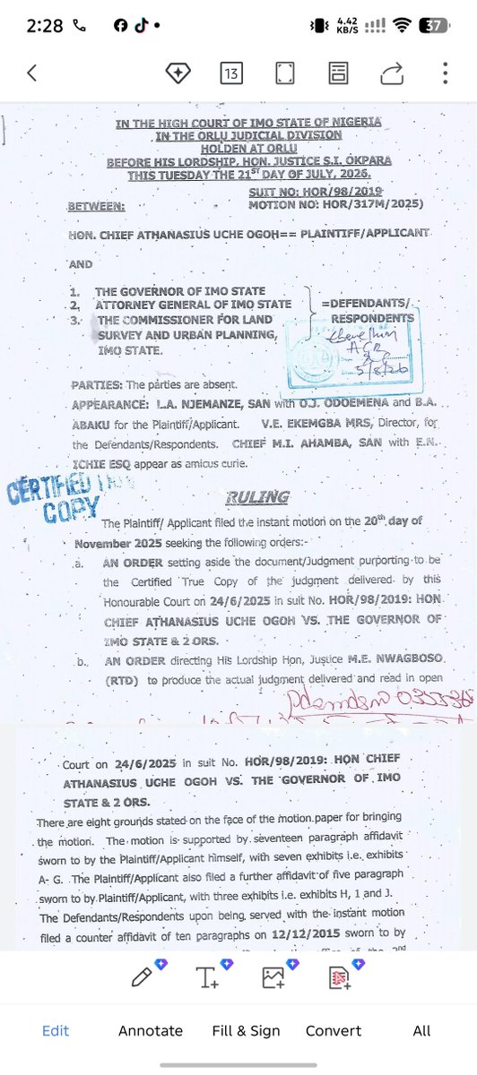 ChidiOdinkalu's tweet photo. The High  Court of IMO State has just delivered a judgment in a truly incredible case.

On 24 June 2025, the Justice Nwagboso of the High Court of IMO State delivered a judgment in which he ruled in open Court against the governor of the state.

When he released the #CTC of the judgment, the judgment was different & had changed to be in favour of the Governor.

The original winner applied to have the CTC set aside. The court ordered for the record book of the court & found the original judgment notes of the court concealed.

In his judgment of 21 July 2026, Justice Okpara of the High Court of IMO State set aside the CTC. 

What should happen to Justice Nwagboso?!