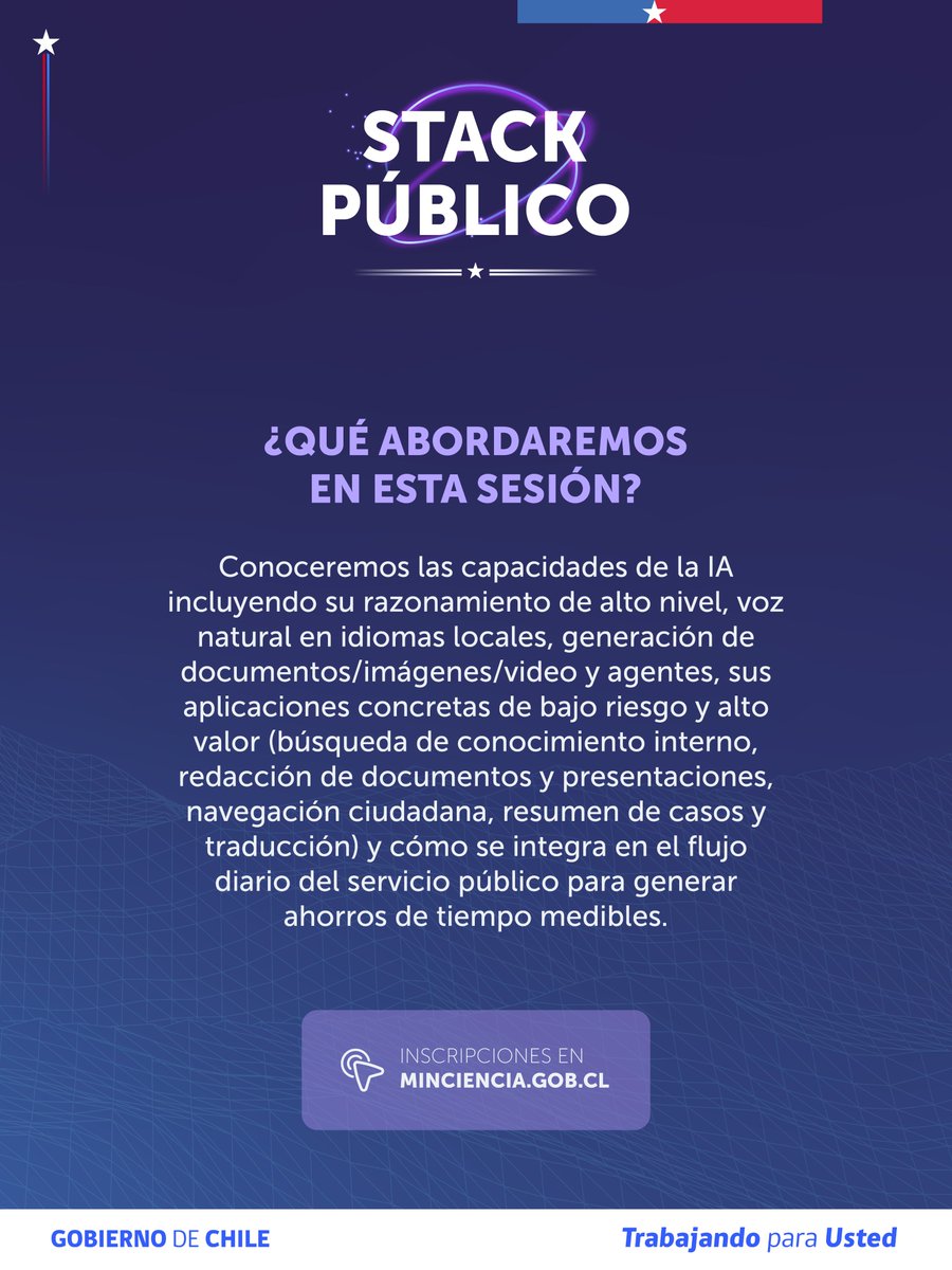min_ciencia's tweet photo. ¡No te quedes fuera de la sexta sesión de Stack Público junto al @labgobcl y el Ministerio de Ciencia! 🤩

👉 Nos reuniremos con Gabriela Castillo, de xAI, para aprender como la IA se integra al flujo diario del servicio público.

Inscripciones en https://t.co/Qz2AE0Is3P https://t.co/sgxrcVERdx