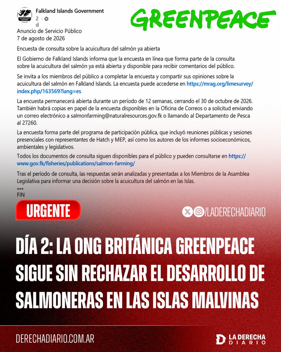 laderechadiario's tweet photo. 🚨🇦🇷🇬🇧 | DÍA 2: LA ONG BRITÁNICA GREENPEACE SIGUE SIN RECHAZAR EL DESARROLLO DE SALMONERAS EN LAS ISLAS MALVINAS

Greenpeace fue una de las organizaciones que hizo lobby para prohibir la salmonicultura en Tierra del Fuego hasta conseguirlo en 2021, una medida que dejó a la Argentina afuera de una industria que mueve miles de millones de dólares.

Ahora que los usurpadores británicos buscan desarrollar ilegalmente esa misma actividad en las Islas Malvinas, la ONG guarda silencio. Ni campañas, ni presión, ni condenas: el ambientalismo militante desaparece justo cuando las ganancias quedan del lado del Reino Unido.