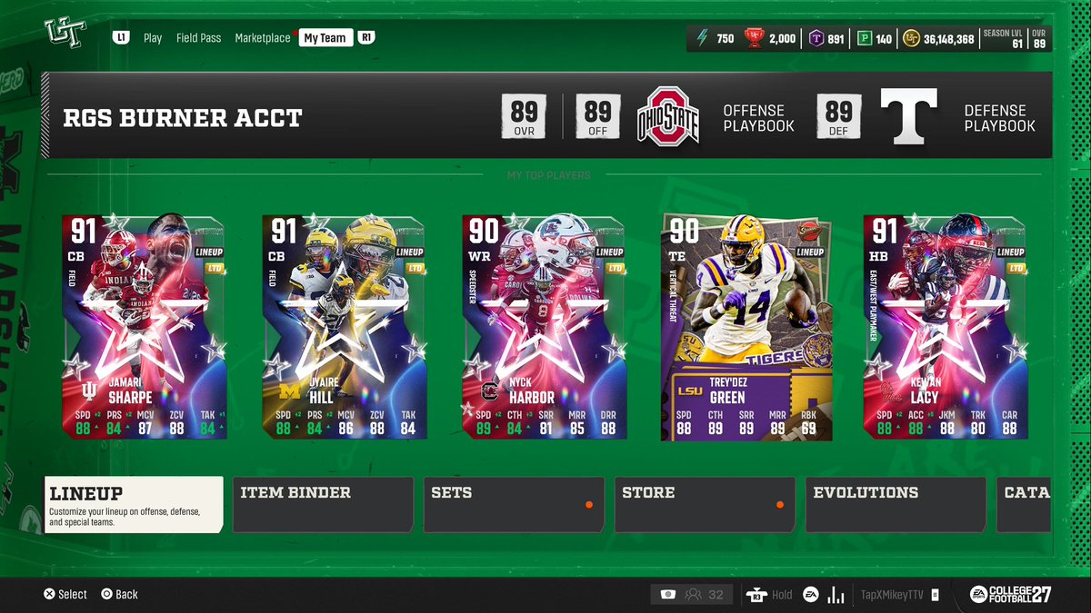 TapXMikey's tweet photo. Weekly CUT Lineup Update 

53/50 Marshall TT
38/50 4-2-5 TT
29/50 Multiple O TT
164/159 Phenom TT
15/15 5 Star TT
15/15 4 Star TT
15/15 3 Star TT 

Playbooks: Offense-Ohio State Defense-Tennessee 
Strat Cards: Goin Deep (Rare), El Toro (Rare), Phenom

Abilities 
Offense: Green & Harbor-Bronze Takeoff

Defense: Hill & Sharpe-Bronze Blanket Coverage