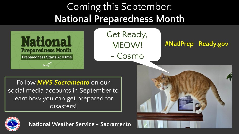 NWSSacramento's tweet photo. September is #NationalPreparednessMonth! Follow along with us &amp; the Furry Friends of NWS Sacramento this September as we share daily preparedness tips to help you prepare for weather hazards! #NatlPrep #CAwx https://t.co/OrdUp2SYSk