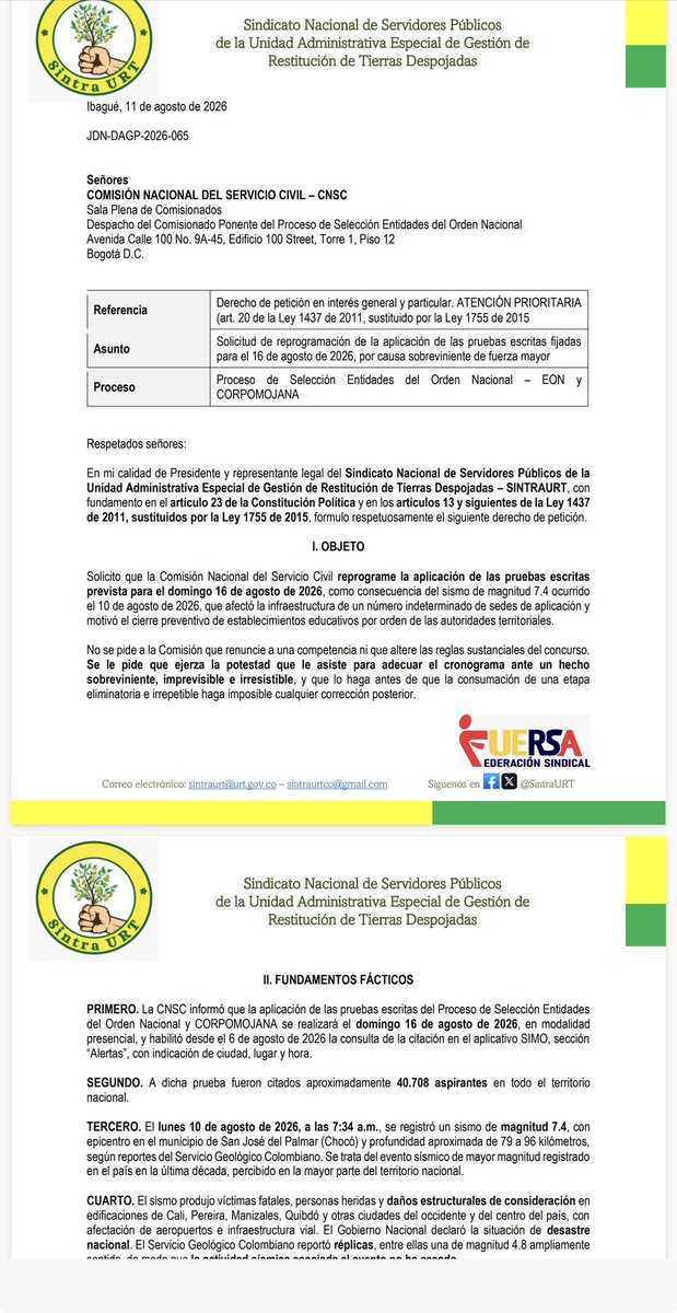 SintraURT's tweet photo. 🚨Ante la emergencia causada por el sismo del 10 de agosto y sus graves efectos en varias regiones del país, SINTRAURT presentó ante la @CNSCColombia Derecho de Petición de atención prioritaria para solicitar reprogramación de las pruebas escritas previstas para el 16 de agosto https://t.co/91UHrvz1Xo