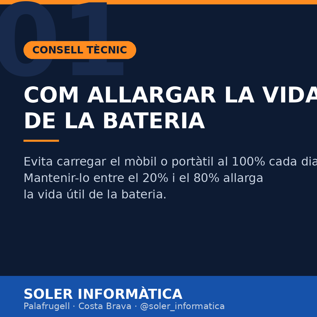 SSolerF's tweet photo. Consell tècnic 01 🔋

Sabies que carregar el mòbil o portàtil al 100% cada dia n'escurça la vida útil?
✅ Manté la càrrega entre el 20% i el 80%
✅ Evita deixar-lo carregant tota la nit 
✅ No esperis que arribi al 0% per carregar
📍 Palafrugell, Costa Brava
📞 972 306 309 https://t.co/9ir3YM6Pog