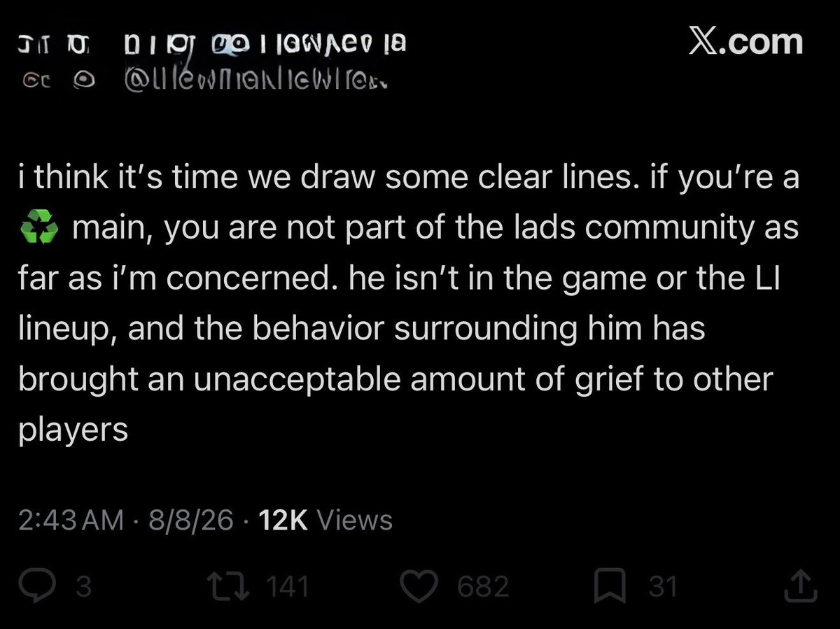 Alpackaaa's tweet photo. i think it's time we draw some clear lines. if you're a 👹 main, you are not part of the lads community as far as i'm concerned. he isn't in the game or the LI lineup, and the behavior surrounding him has brought an unacceptable amount of grief to other players https://t.co/2JioKgZAbY