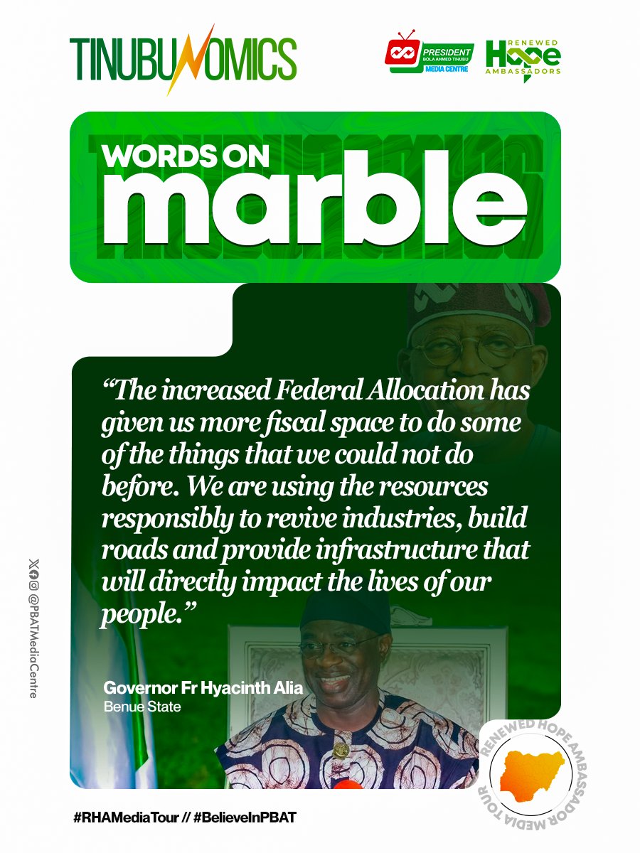 DOlusegun's tweet photo. "The increased Federal Allocation has given us more fiscal space to do some of the things that we could not do before. We are using the resources responsibly to revive industries, build roads and provide infrastructure that will directly impact the lives of our people."

Governor @HyacinthAlia of Benue speaks during the latest rounds of

 #RHAMediaTour