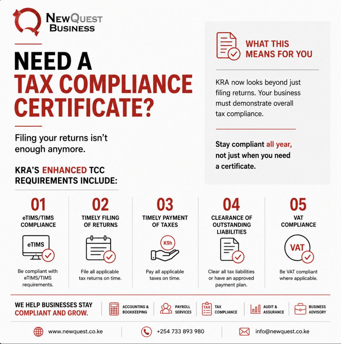 NewQuest_Co's tweet photo. π¨ Need a Tax Compliance Certificate?
KRA's enhanced TCC process now looks beyond filing returns.
eTIMS/TIMS compliance, timely filing & payment, VAT compliance and outstanding liabilities all matter.
Is your business TCC-ready?
#KRA #TCC #eTIMS #TaxCompliance https://t.co/Tk2NC5cMSD