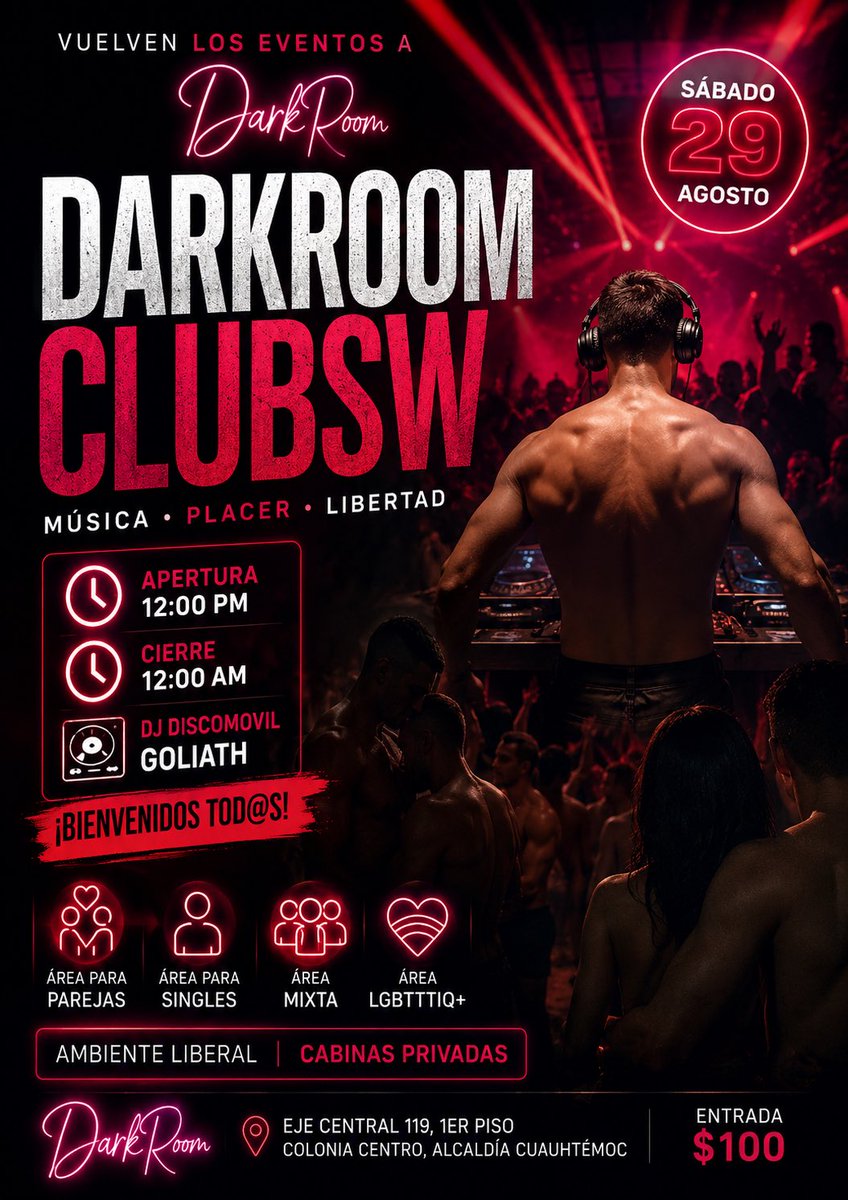 DarkRoomEjeCent's tweet photo. 🔥 REGRESAN LOS EVENTOS A DARKROOM 🔥

Este sábado 29 de agosto volvemos a encender la noche con DJ en vivo 🎧😈

Música, ambiente, diversión y toda la experiencia DarkRoom en una sola noche. 🔥

💰 Entrada $100

Después de un tiempo… los eventos con DJ están de regreso. 👀🔥

¿Ya estás listo?